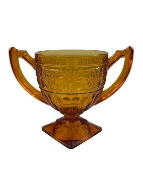Indiana Glass Daisy Amber Footed Open Sugar Bowl With Square Base Dual Handles
